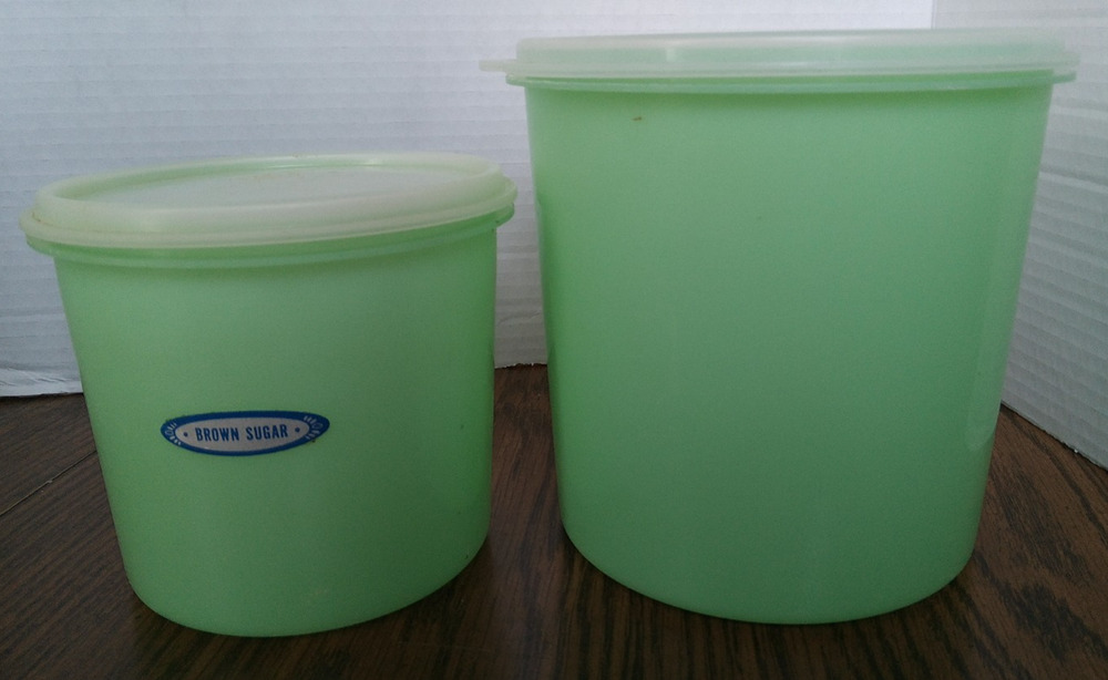 Two Eagle Super Seal Green Plastic Containers 6 1/2 inch Tall And 5 inch Tall